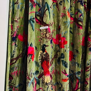 Vintage Cotton Velvet Olive Green Bird Print luxury Curtain, Boho Curtain, luxury Drapes Housewarming Gift.