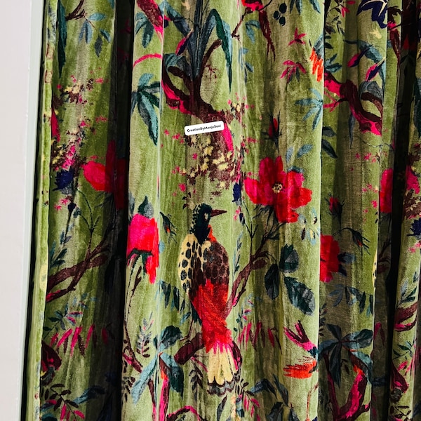 Vintage Cotton Velvet Olive Green Bird Print luxury Curtain, Boho Curtain, luxury Drapes Housewarming Gift.