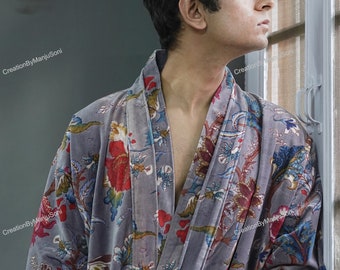 OFMD Gullen Print Velvet Banyan Fabric Kimono Cotton Velvet Robe Long, Original OFMD break up robe Printed Kimono With Tassels