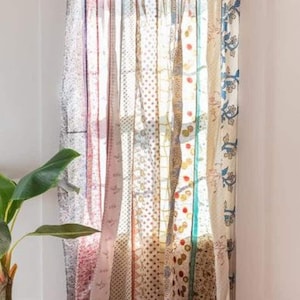 FREE SHIPPING - Indian Vintage Silk Sari Fabric Curtains Handmade Decorative Boho Hippie Curtain, Room Decor Patchwork Curtain, Window Decor