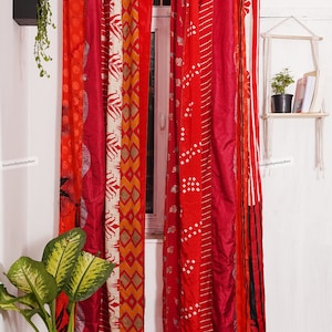 FREE SHIPPING - Indian Vintage Silk Sari Fabric Curtains Handmade Decorative Boho Hippie Curtain, Room Decor Patchwork Curtain, Window Decor Red
