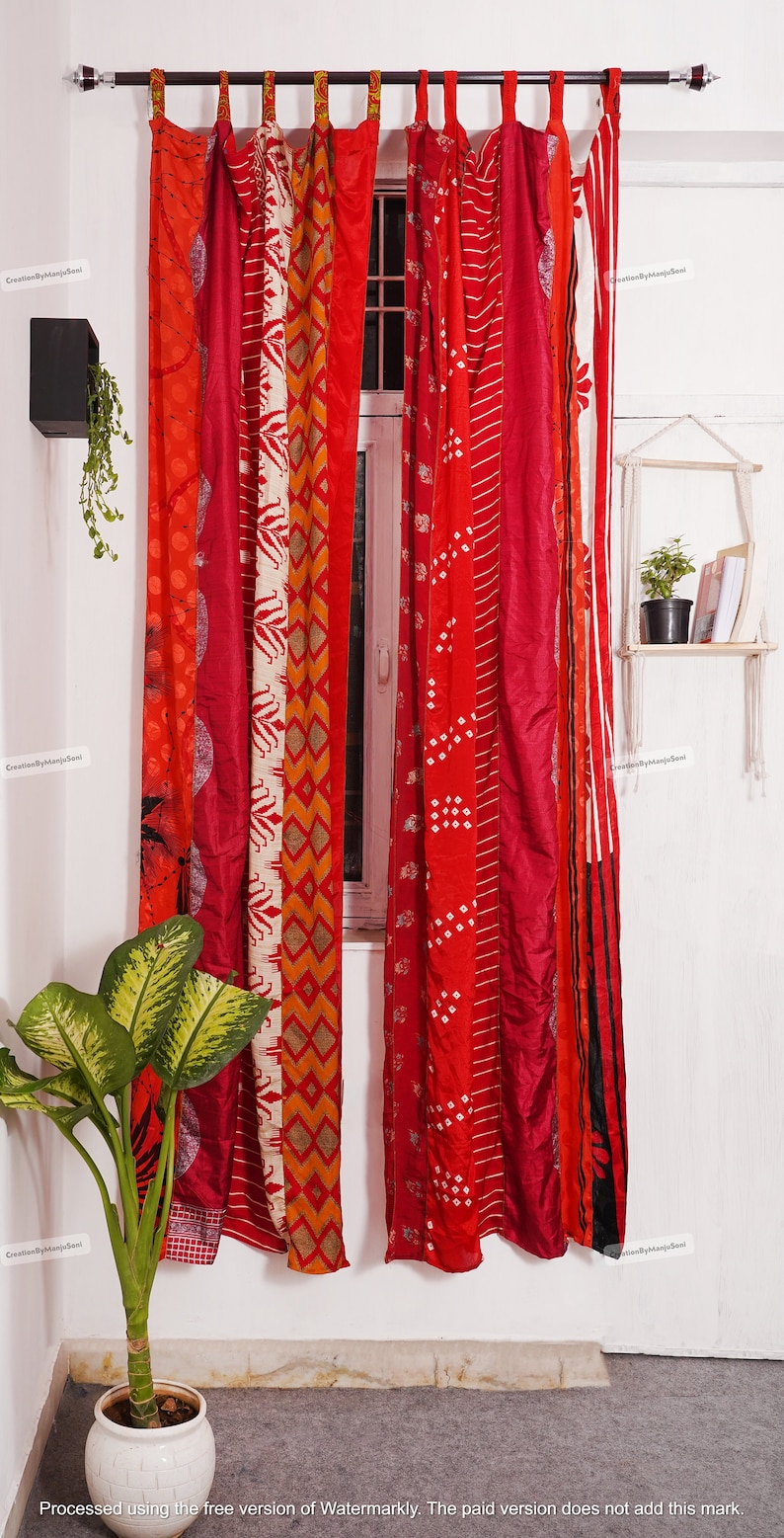 FREE SHIPPING - Indian Vintage Silk Sari Fabric Curtains Handmade Decorative Boho Hippie Curtain, Room Decor Patchwork Curtain, Window Decor Red