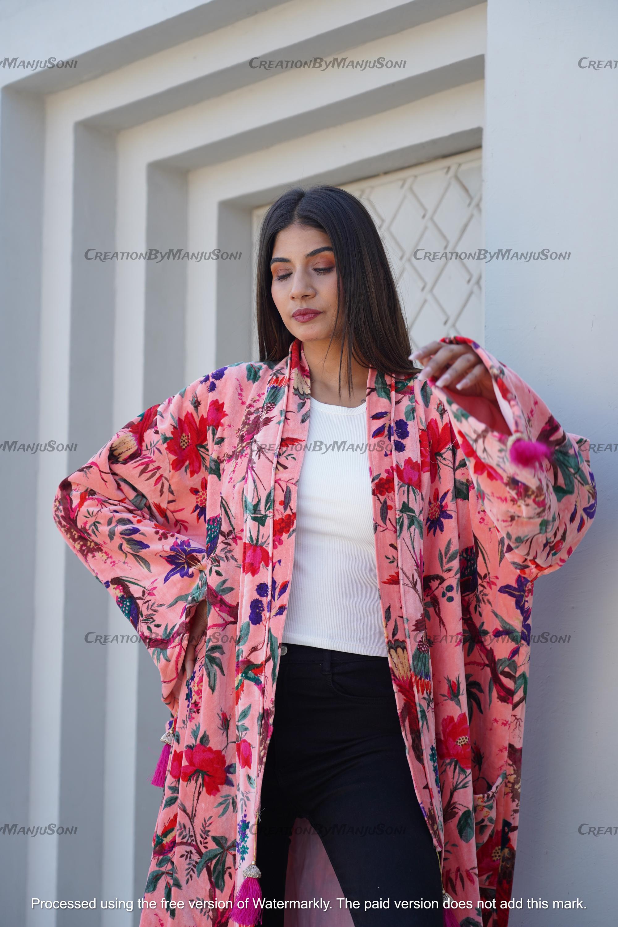 Ofmd Robe OFMD Pink Bird Velvet Banyan Fabric Kimono Cotton Velvet Robe Long ...