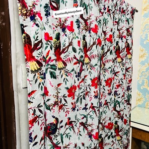 Vintage Cotton Velvet light grey Color Bird Print luxury Curtain, Boho Curtain, luxury Drapes Housewarming Gift.