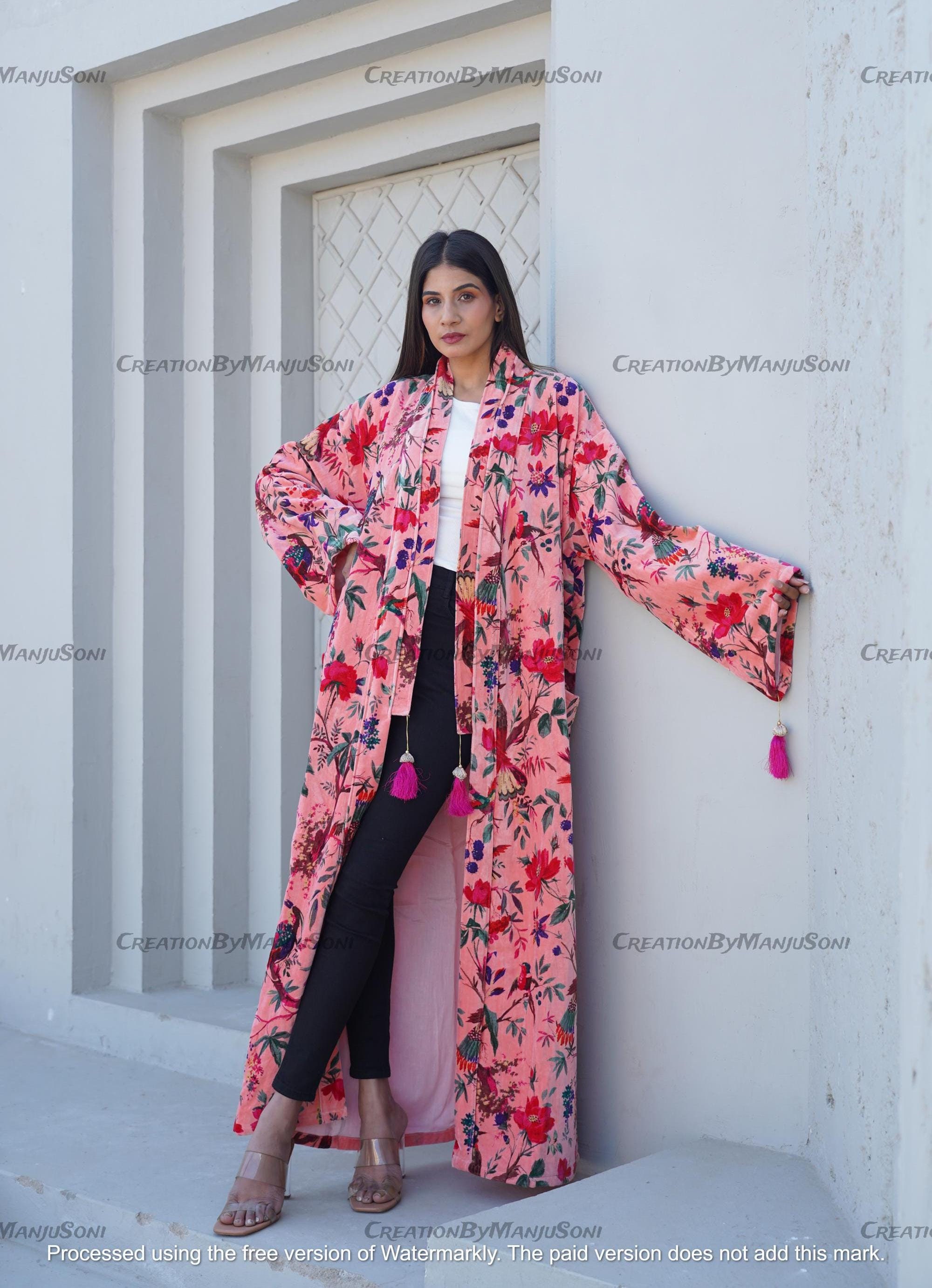 Ofmd Robe OFMD Pink Bird Velvet Banyan Fabric Kimono Cotton Velvet Robe Long ...