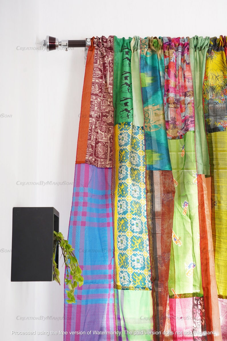 Repurpose Drapery 2 Pcs Indian Vintage Old Silk Sari Multi Color Handmade Patchwork Door ...