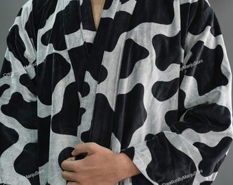 OFMD Black Silver Velvet Banyan Fabric Kimono Cotton Velvet Robe Long, Original OFMD break up robe Printed Kimono With Tassels