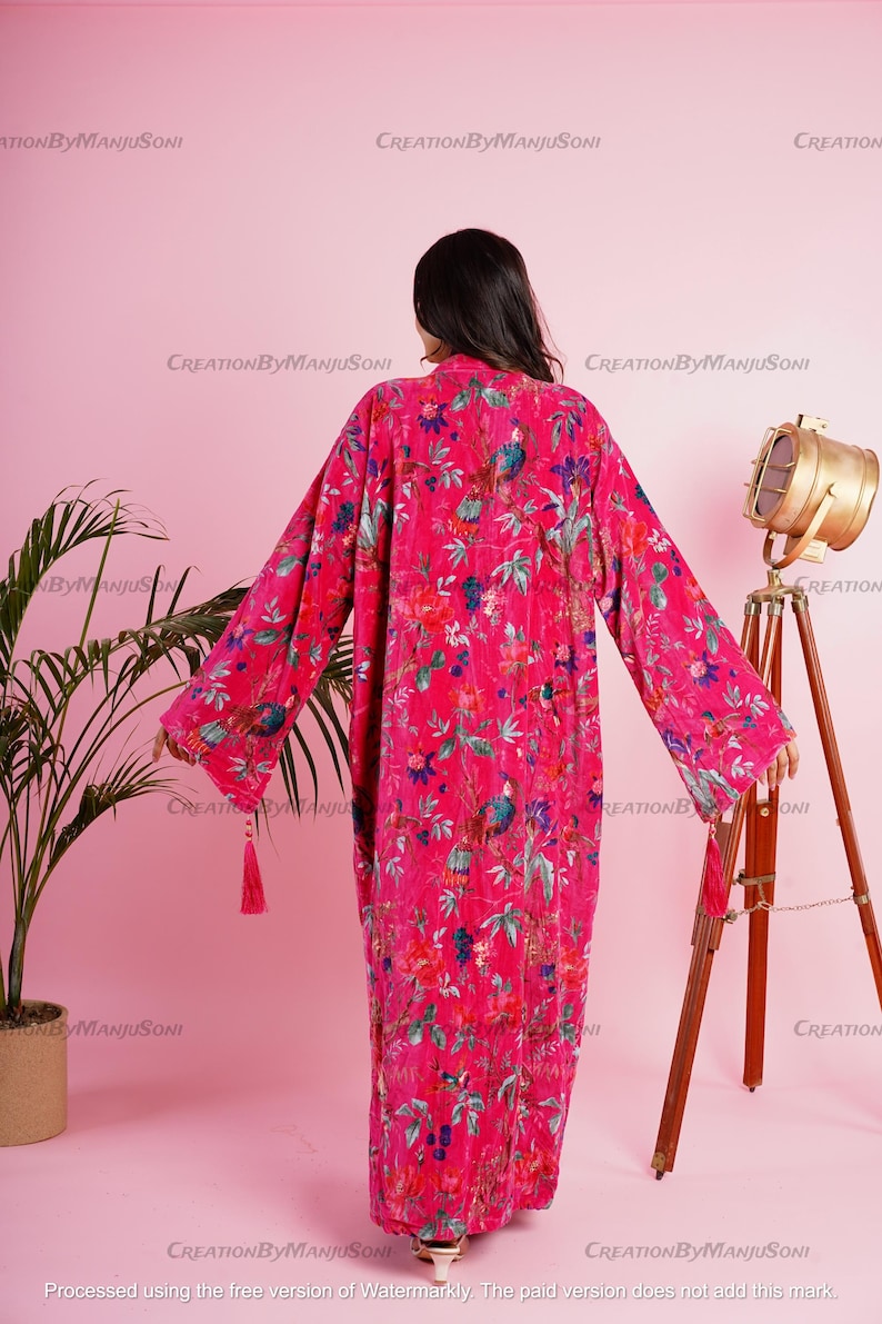 Ofmd Robe OFMD Pink Bird Velvet Banyan Fabric Kimono Cotton Velvet Robe Long ...