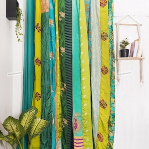 FREE SHIPPING - Indian Vintage Silk Sari Fabric Curtains Handmade Decorative Boho Hippie Curtain, Room Decor Patchwork Curtain, Window Decor Green