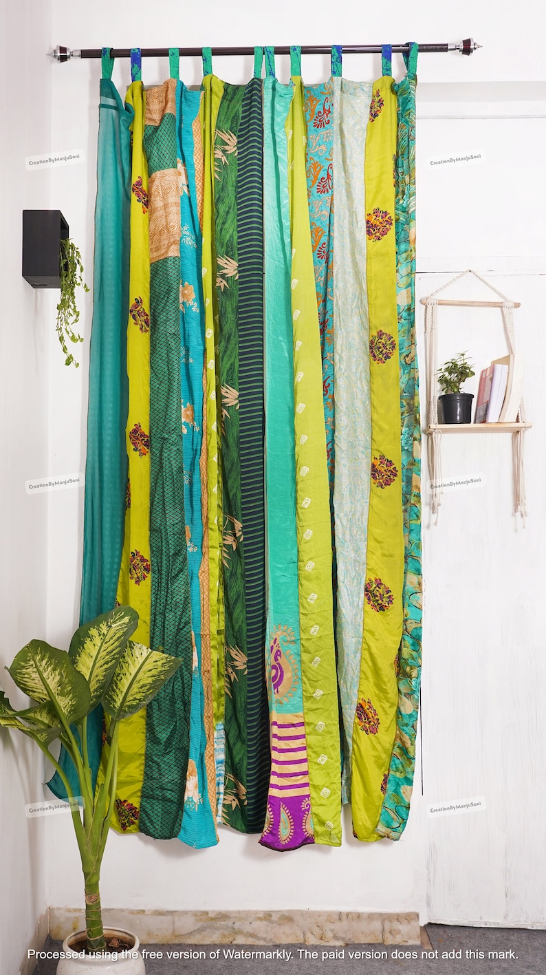 FREE SHIPPING - Indian Vintage Silk Sari Fabric Curtains Handmade Decorative Boho Hippie Curtain, Room Decor Patchwork Curtain, Window Decor Green