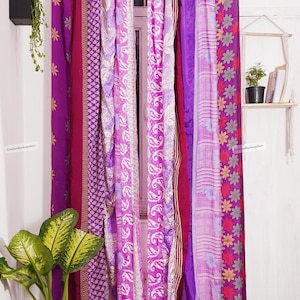 FREE SHIPPING - Indian Vintage Silk Sari Fabric Curtains Handmade Decorative Boho Hippie Curtain, Room Decor Patchwork Curtain, Window Decor Purple