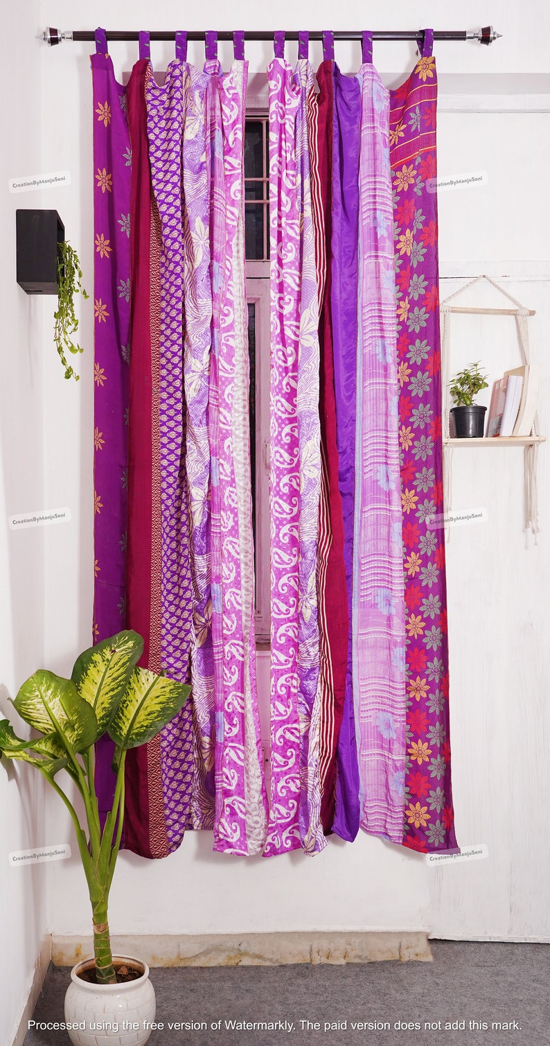 FREE SHIPPING - Indian Vintage Silk Sari Fabric Curtains Handmade Decorative Boho Hippie Curtain, Room Decor Patchwork Curtain, Window Decor Purple