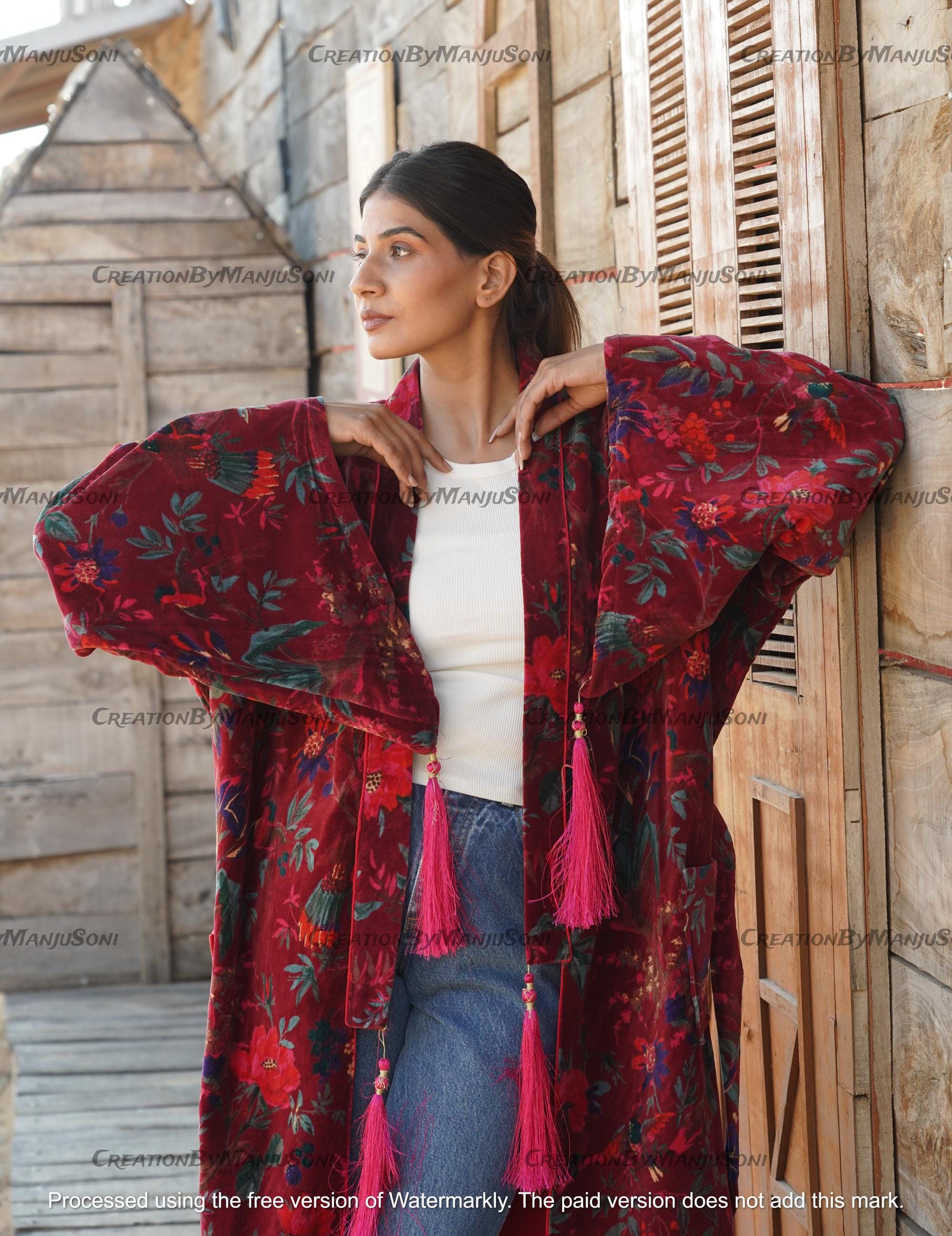 Ofmd Robe OFMD Maroon Bird Velvet Banyan Fabric Kimono Cotton Velvet Robe Long ...