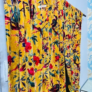 Vintage Cotton Velvet Mustrad Color Bird Print luxury Curtain, Boho Curtain, luxury Drapes Housewarming Gift.