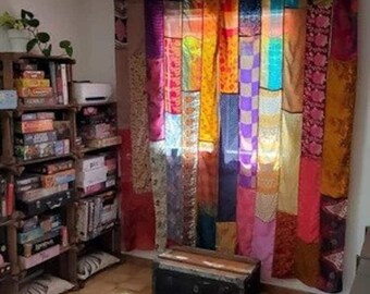 Wholesale Lot of Indian Vintage Old Silk Sari Multi color Handmade Patchwork Curtain Door Drape Window Home Decor Recycled Curtain