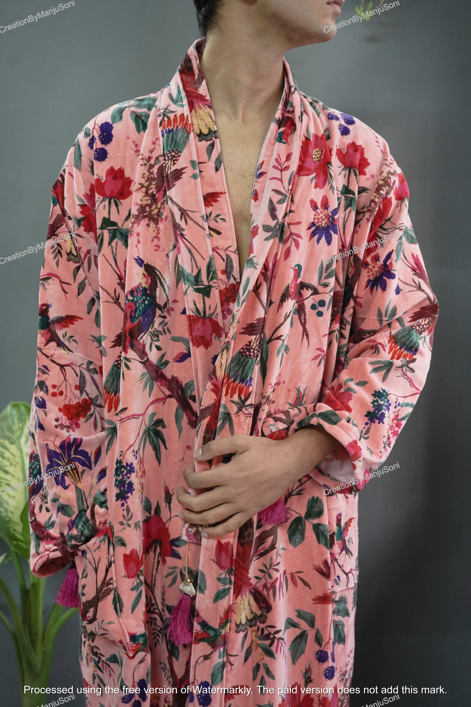 Ofmd Robe OFMD Peach Bird Velvet Banyan Fabric Kimono Cotton Velvet Robe Long ...