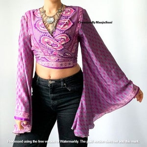3-way Bell Sleeve Tie Front Hippie Flower Boho Wrap Top, 70s Style Clothing, Silk Retro Eco Top, Flare Sleeve Aesthetic, Gypsy 70s Costume image 10