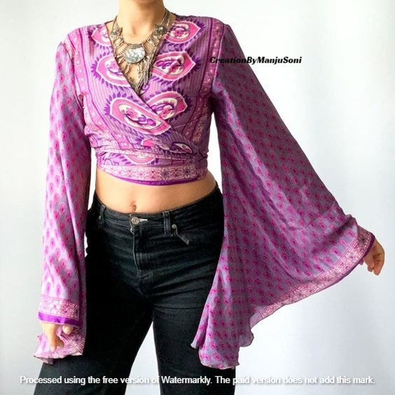 3-way Bell Sleeve Tie Front Hippie Flower Boho Wrap Top, 70s Style Clothing, Silk Retro Eco Top, Flare Sleeve Aesthetic, Gypsy 70s Costume image 10