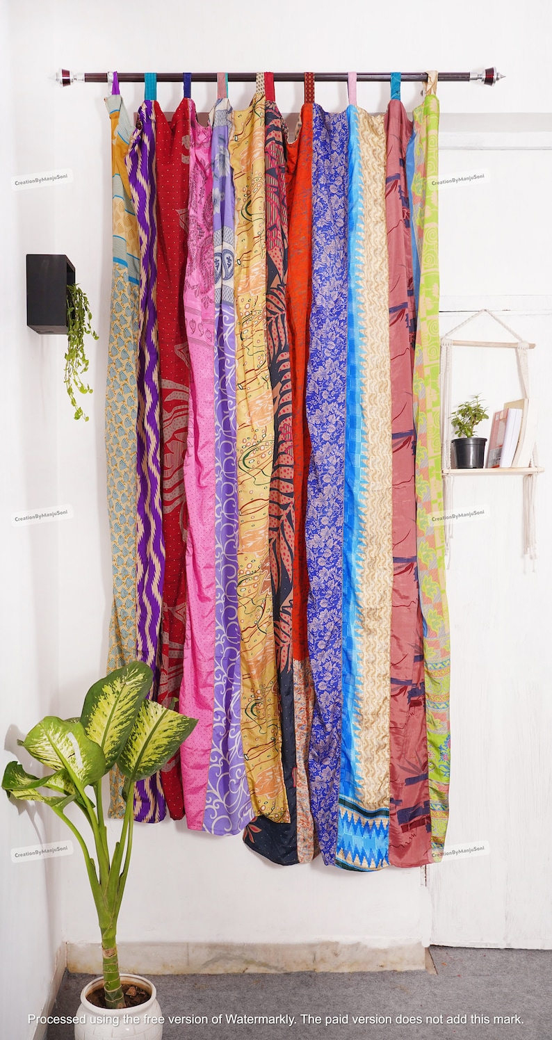 FREE SHIPPING - Indian Vintage Silk Sari Fabric Curtains Handmade Decorative Boho Hippie Curtain, Room Decor Patchwork Curtain, Window Decor Multi