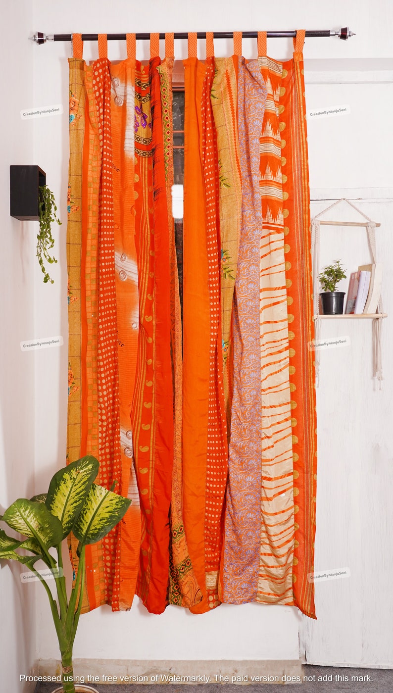 FREE SHIPPING - Indian Vintage Silk Sari Fabric Curtains Handmade Decorative Boho Hippie Curtain, Room Decor Patchwork Curtain, Window Decor Orange