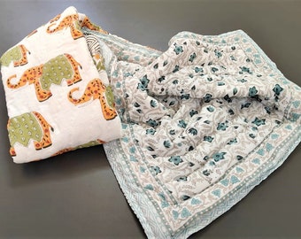 Animal Print Indian Baby Quilt, Handmade Toddler Blanket, Winter Warm Quilt, Cotton Block Baby Quilt, Natural Hand Work Kantha Newborn Quilt