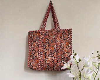 Sac fourre-tout imprimé Ajrakh, sac fourre-tout Boho hippie Jhola, sac à bandoulière indien matelassé à imprimé floral, sac à main indien pour femmes, sac en toile ethnique pour femmes