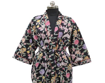 Robe kimono 100% coton, robe longue à imprimé bloc floral, robe de chambre pour femmes indiennes, couverture de bikini, peignoir indien en stock et expédié aujourd'hui