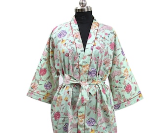 Chemise légère Kimono imprimé floral, robe supérieure de couverture de plage, robe de vêtements d'impression de bloc faite à la main, Kimono en coton peignoir, Kimono long