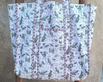 Handmade Animal Print Tote Bag !! Block Print Shopping Bag, Indian Women Shopping Shoulder Bag, Vintage Boho Hippie Bag, Market Quilted Bag
