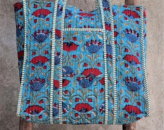 Sac fourre-tout en coton matelassé fait main !! Sac fourre-tout pour femme, sac fourre-tout de marché à imprimé floral bloc main, sac à bandoulière matelassé Jhola Boho hippie