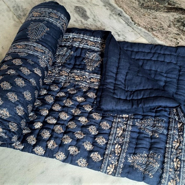 SALE Winter Warm Razai Quilt !! Cotton Coverlet Razai, Indian Hand Block Print, Floral Printed Bedspread Quilt, Bedcover Light Weight Razai