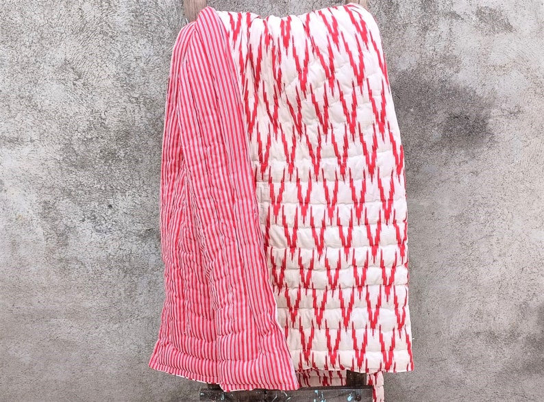 Winter Ikat Pint Warm Razai Quilt Indian Cotton Handmade Quilted Razai