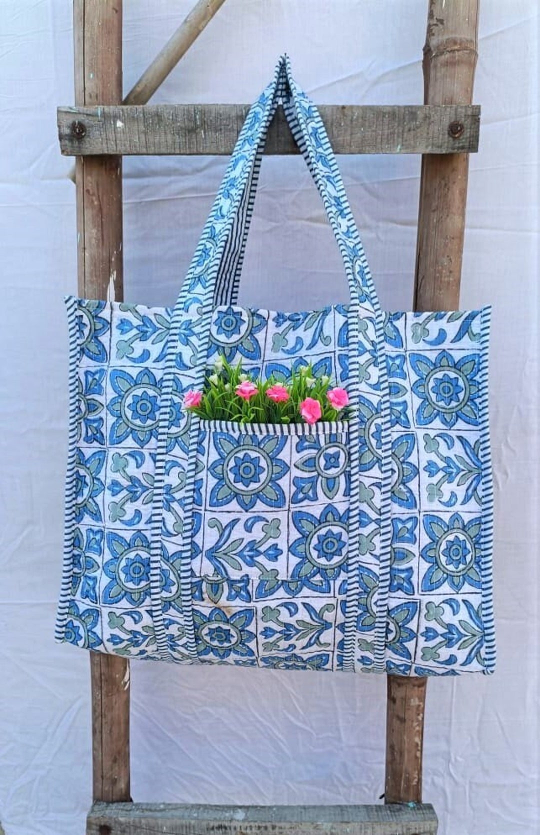 Blue - Handcrafted Quilted Sanganeri Block Printed Fabric Tote Bag by Chhoti Si Asha 155