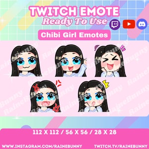 Cute Chibi Girl emotes (peau vanille/cheveux noirs/yeux bleus) pour Twitch/Discord/Youtube | Kawaii | pack d'emotes streaming de jeu
