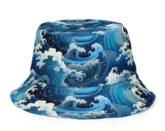 Reversible bucket hat, seaside themed patterns, waves and fish