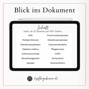 May include: A digital tablet screen displaying a list of medical topics, including Delirium, Multiple Sclerosis, and Dementia. The text "Blick ins Dokument" is at the top of the screen, and "Inhalt" is at the top of the list. The text "mehr als 15 Themen auf 100+ Seiten" is below "Inhalt".