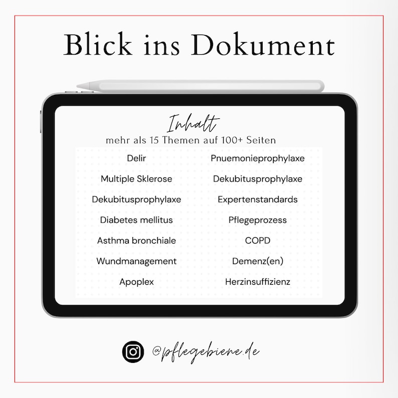 May include: A digital tablet screen displaying a list of medical topics, including Delirium, Multiple Sclerosis, and Dementia. The text "Blick ins Dokument" is at the top of the screen, and "Inhalt" is at the top of the list. The text "mehr als 15 Themen auf 100+ Seiten" is below "Inhalt".