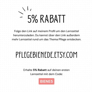May include: A graphic with a sunburst design and the text "5% RABATT". The text "Folge den Link auf meinem Profil um den Lernzettel herunterzuladen. Du kannst &uuml;ber den Link au&szlig;erdem mehr Lernzettel rund um das Thema Pflege entdecken." is below the sunburst. The text "PFLEGEBIENEDE.ETSY.COM" is below the first text block. The text "Erhalte 5% Rabatt auf deinen ersten Lernzettel mit dem Code: BIENE5" is below the website address.