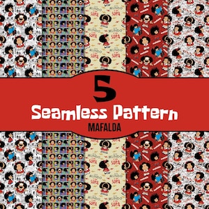 Mafalda Seamless Pattern | Retro Comic Girl Digital Paper | Cartoon Character Repeat Background | Cute Argentine Printable