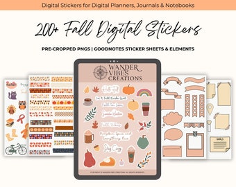 May include: A digital sticker sheet with a fall theme. The sheet includes pre-cropped PNGs for Goodnotes and features illustrations of pumpkins, leaves, coffee cups, and other fall-themed elements. The text on the sheet reads "Wander Vibes Creations" and "Fall Vibes".