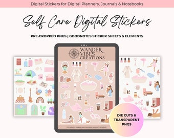 Self Care Digital Stickers for Digital Planners, Bullet Journals | Pre Cropped PNG, Goodnotes Stickers & Elements, Wellness Planner Stickers