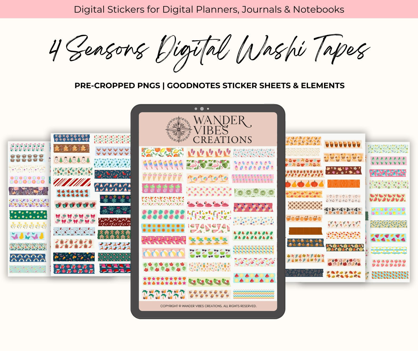 280 Spring, Summer, Fall Autumn, Winter Chrismas Digital Washi Tapes, Seasonal Washi | PNG, GoodNotes Sticker Sheets, Elements Collection