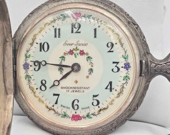 Vintage 1970s Ever-Swiss Pocket WatchFloral DialParts/Repair