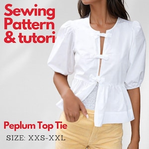 Puffed Sleeve Peplum Top | Instant Download Digital Sewing Pattern | Front Tie Blouse | XXS-XXL | Beginner Friendly | Peplum Blouse