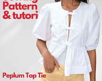 Puffed Sleeve Peplum Top Sewing Pattern: Front Tie Blouse (XXS-XXL) (Digital Download)