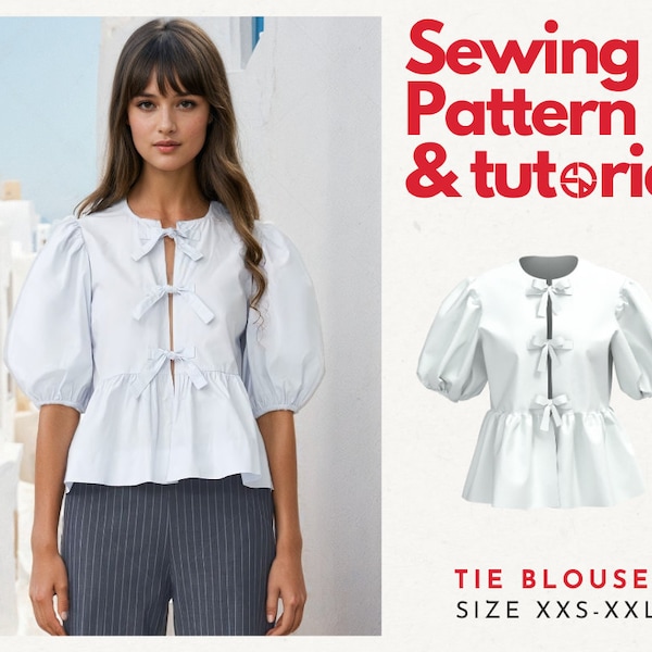 Puffed Sleeve Peplum Top | Instant Download Digital Sewing Pattern | Front Tie Blouse | XXS-XXL | Beginner Friendly | Peplum Blouse