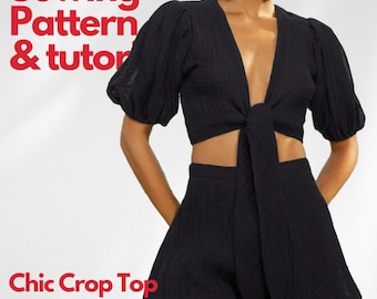 Crop Top Sewing Pattern: Front Tie, Ruffle, Lantern Sleeve (XXS-XXL) (PDF Pattern)