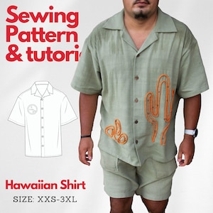 Tropical shirt sewing pattern, Men&#39;s sizes 2XS-3XL, Bowling shirt PDF sewing pattern, Digital indie sewing pattern, PDF pattern download