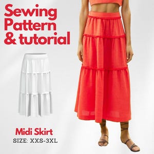 Midi Skirt Sewing Pattern | Skirt Pattern | Women Skirt Pattern | Sewing Patterns | Women Sewing Pattern | Long Skirt Pattern | Tiered Skirt