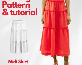 Tiered Midi Skirt Sewing Pattern: Women's Sizes (PDF Pattern)